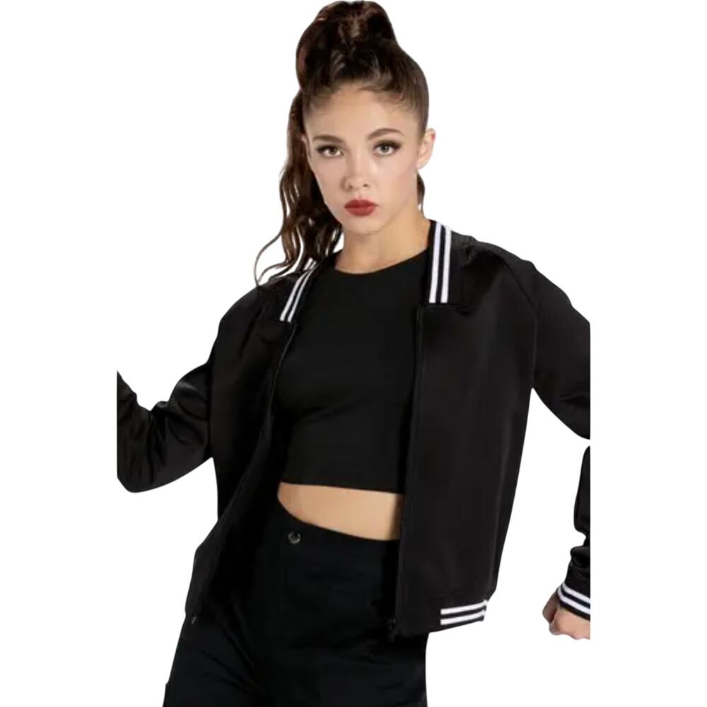 Dance Costume Black Varsity Bomber Jacket White Stripes Adult Size Large Zip Up